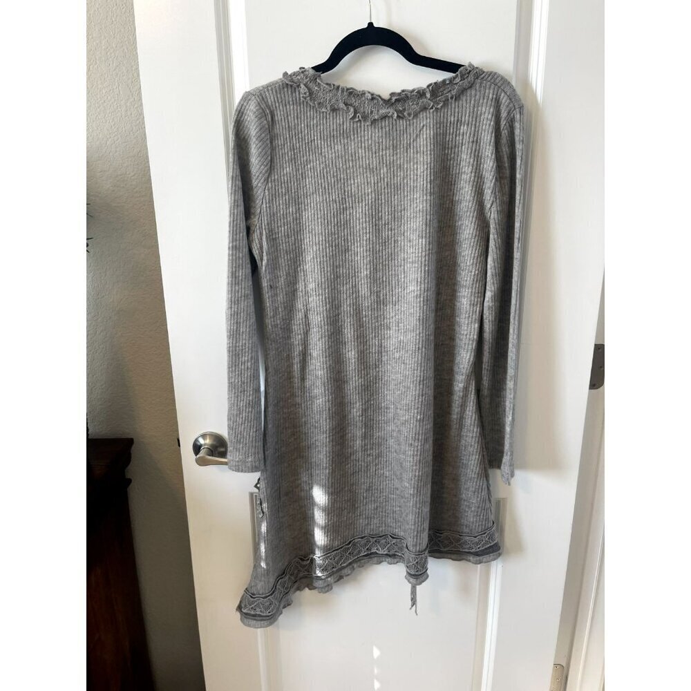NWT Pretty Angel Long Sleeve Tunic Womens L Gray Crochet Lace Detail Linen Aline - Picture 2 of 6